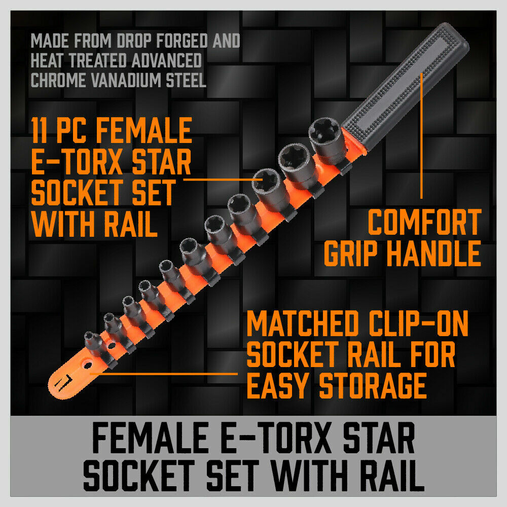 11PC Female E-TORX Star Socket Set External E4-E20 Torque 3/8″ 1/4″ Dr. & Rail