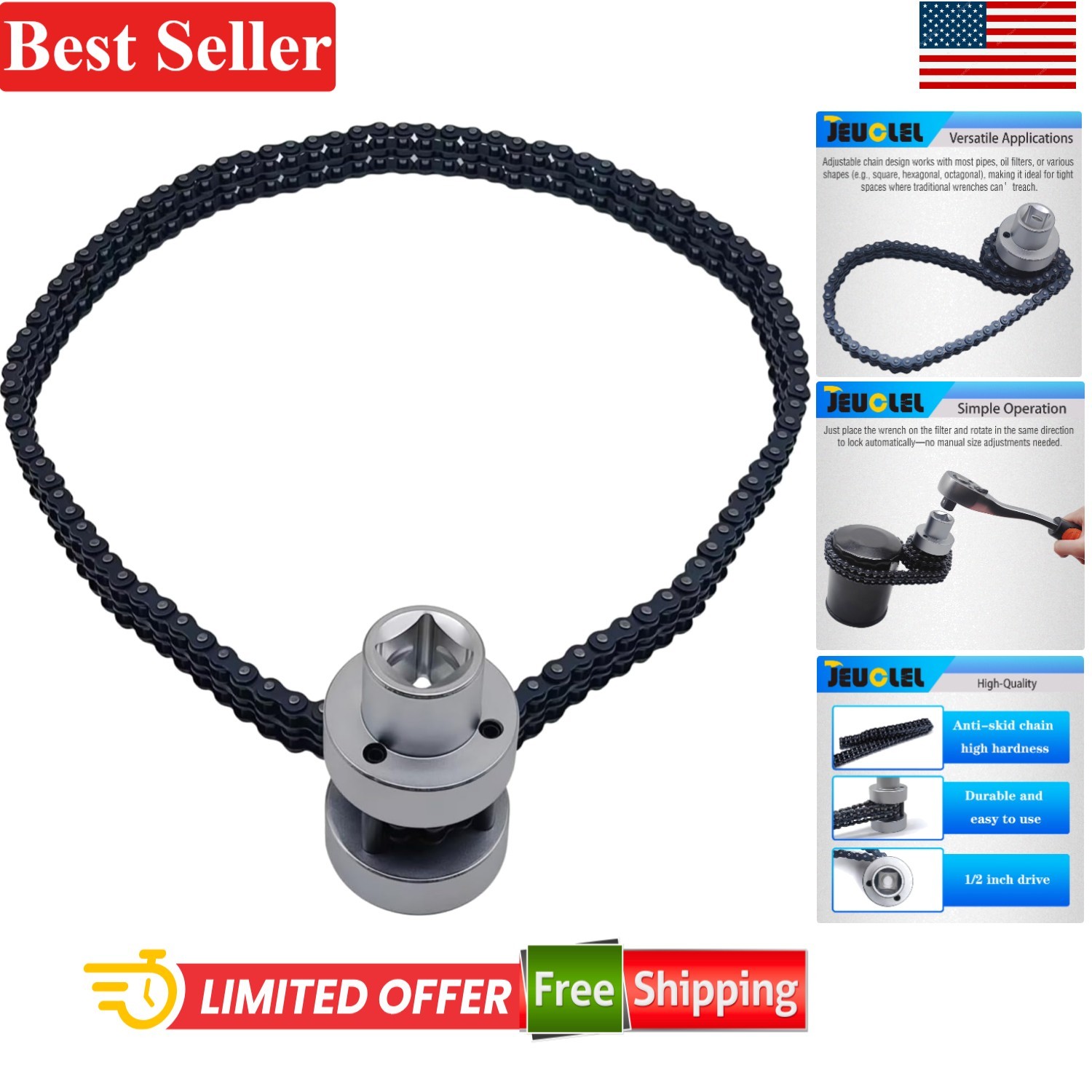 Oil Filter Chain Wrench 73-169.5mm 1/2 Inch Drive Fits Most Vehicles Auto Repair