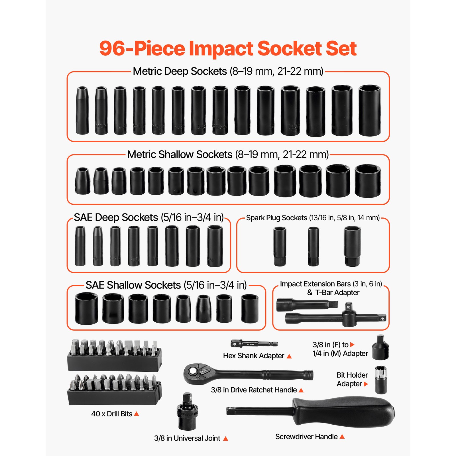 Uimoso 96-Piece 3/8 in Drive Impact Socket Set SAE 5/16-3/4 in Metric 8-22 mm