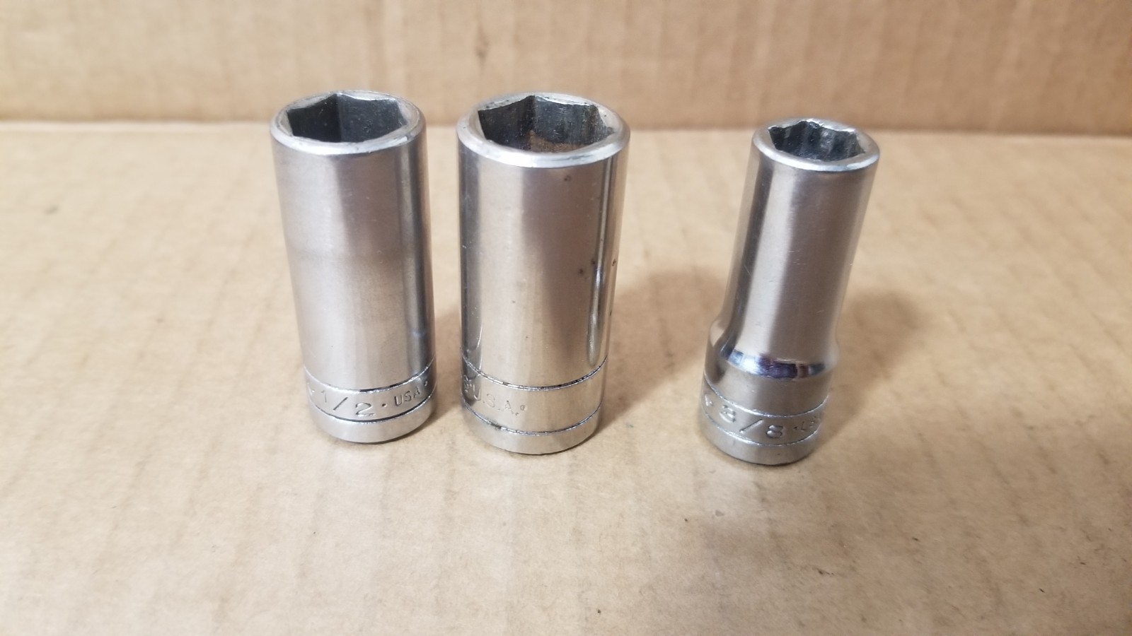 Vintage S-K USA 40418 9/16 & 40416 1/2 & 40412 3/8 6-Point Sockets VGC