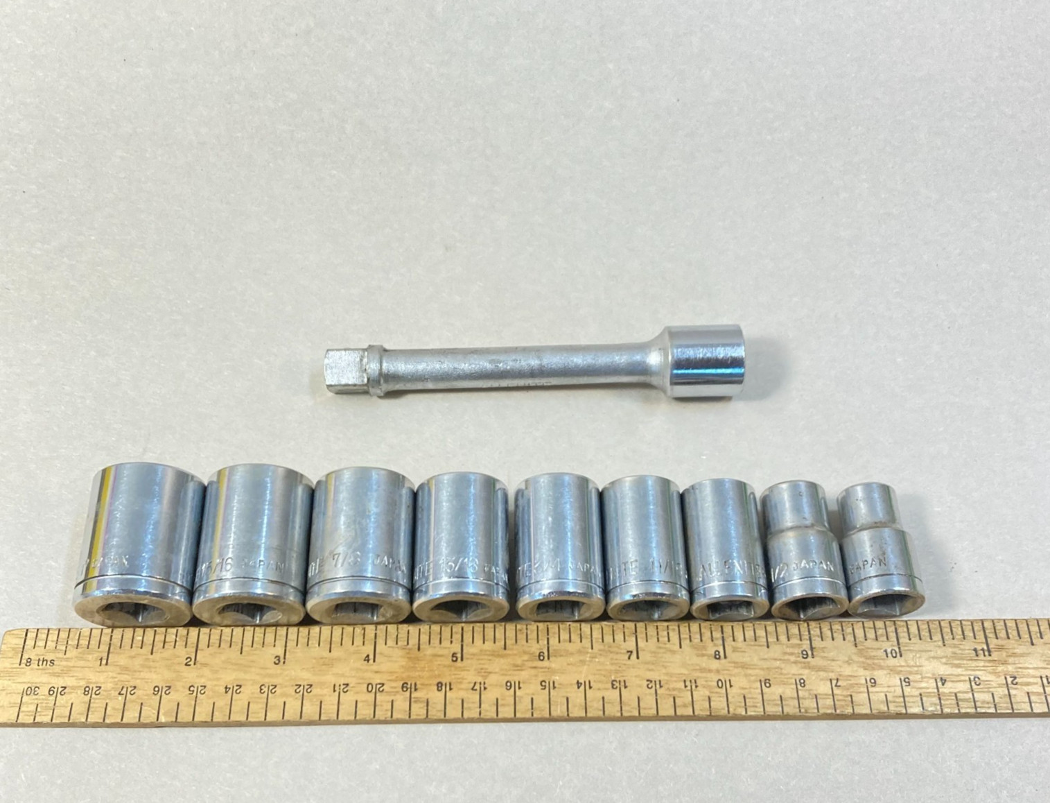 Vintage Allenite Socket Set 10 pc 12 Point 1/2″ Drive SAE 1″-7/16″ w/ Ext Japan