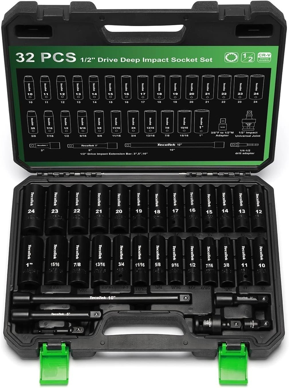 1/2″ Drive Deep 12-Point Impact Socket Set, 32-Piece Socket Set, SAE 3/8-1-In…