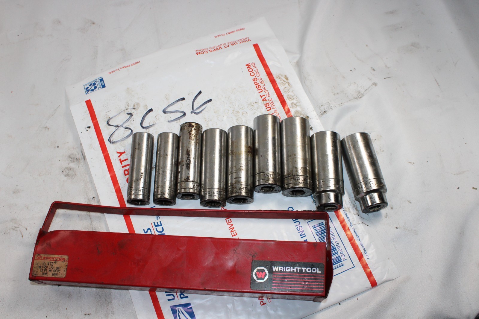 VINTAGE WRIGHT TOOL 3/8” Dr METRIC DEEP 9pc SOCKET SET 17mm – 26mm With carrier