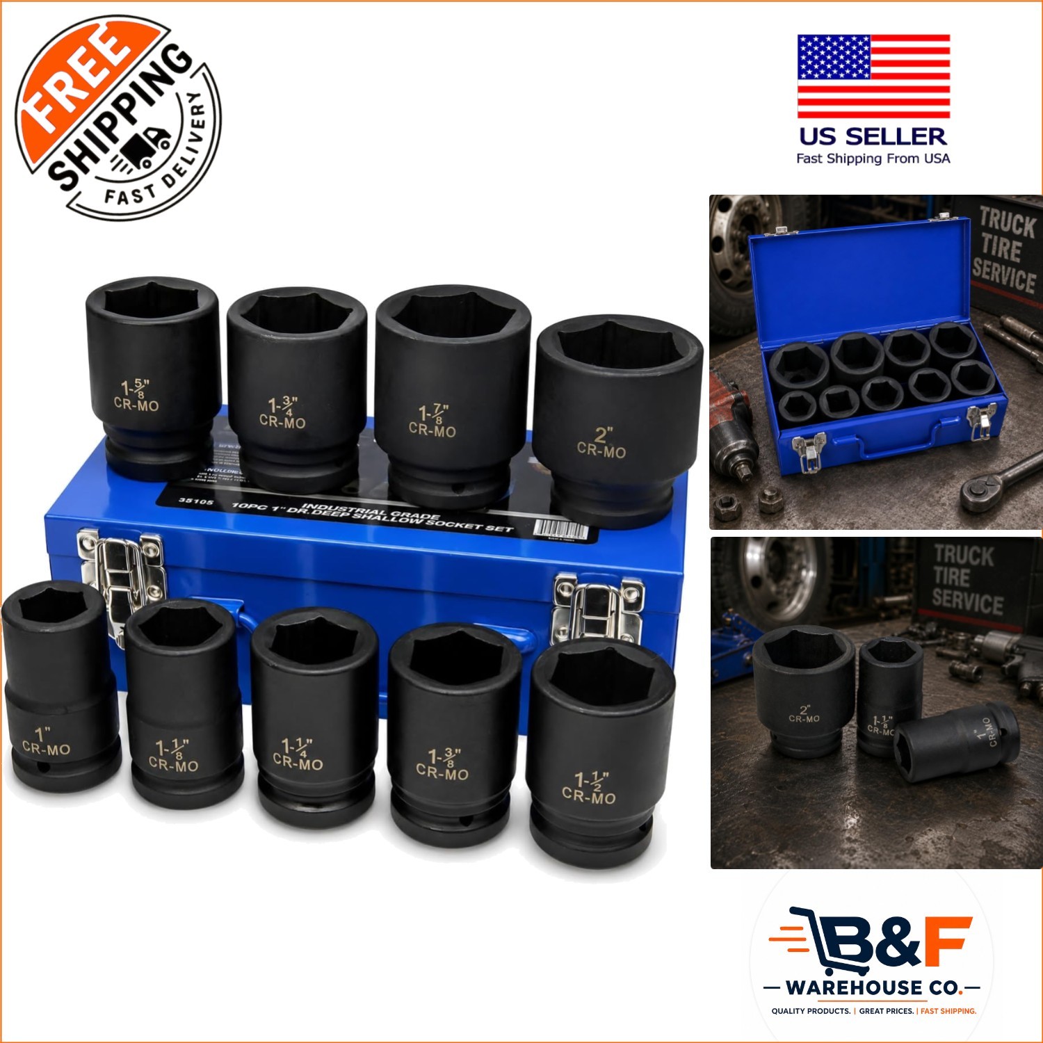 High-Torque 9-Piece Deep Impact Socket Set 1-Inch Drive for Trucks and Machinery