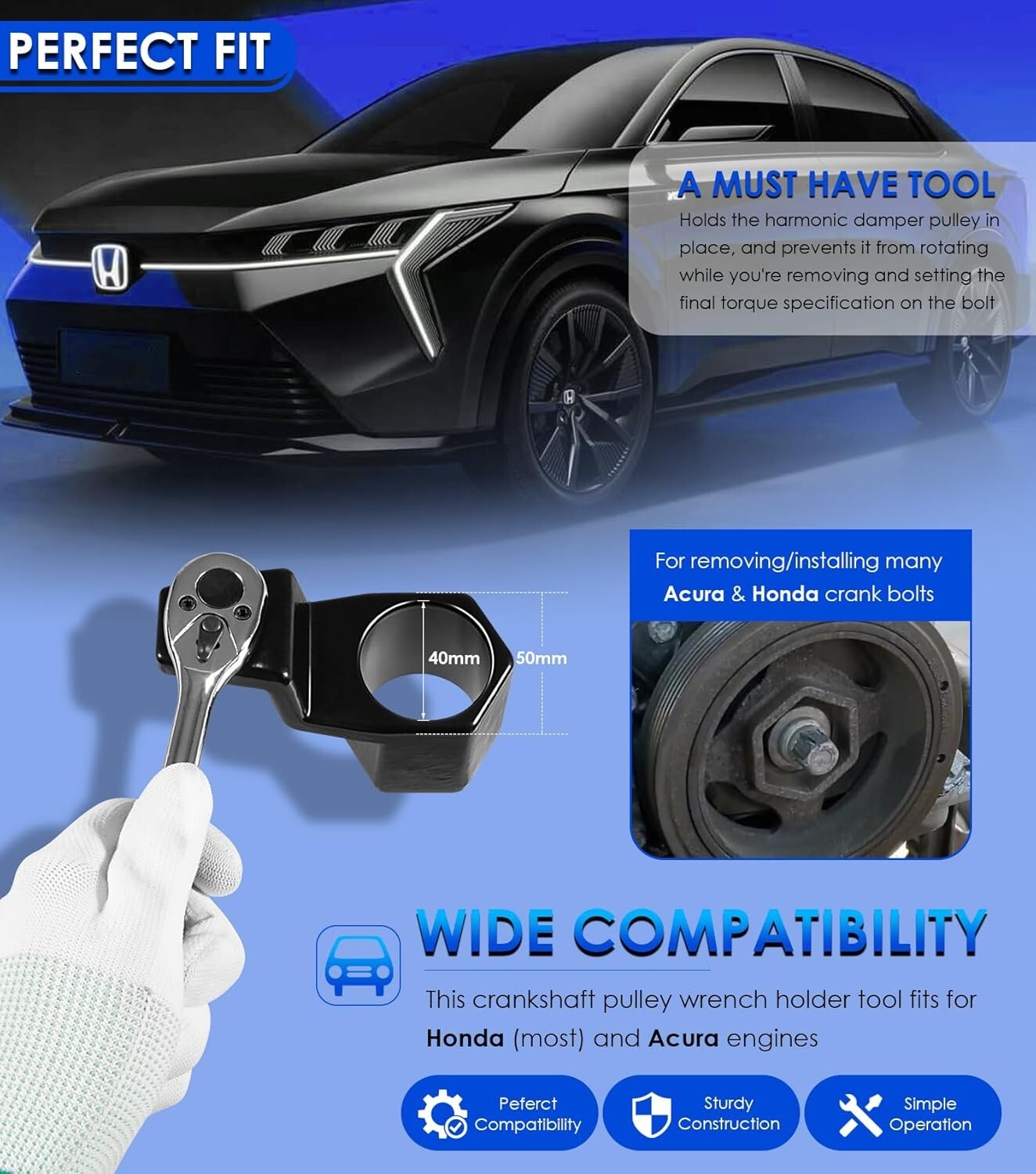 50mm Crankshaft Crank Pulley Removal Wrench Holder Tool For Honda Acura Engines