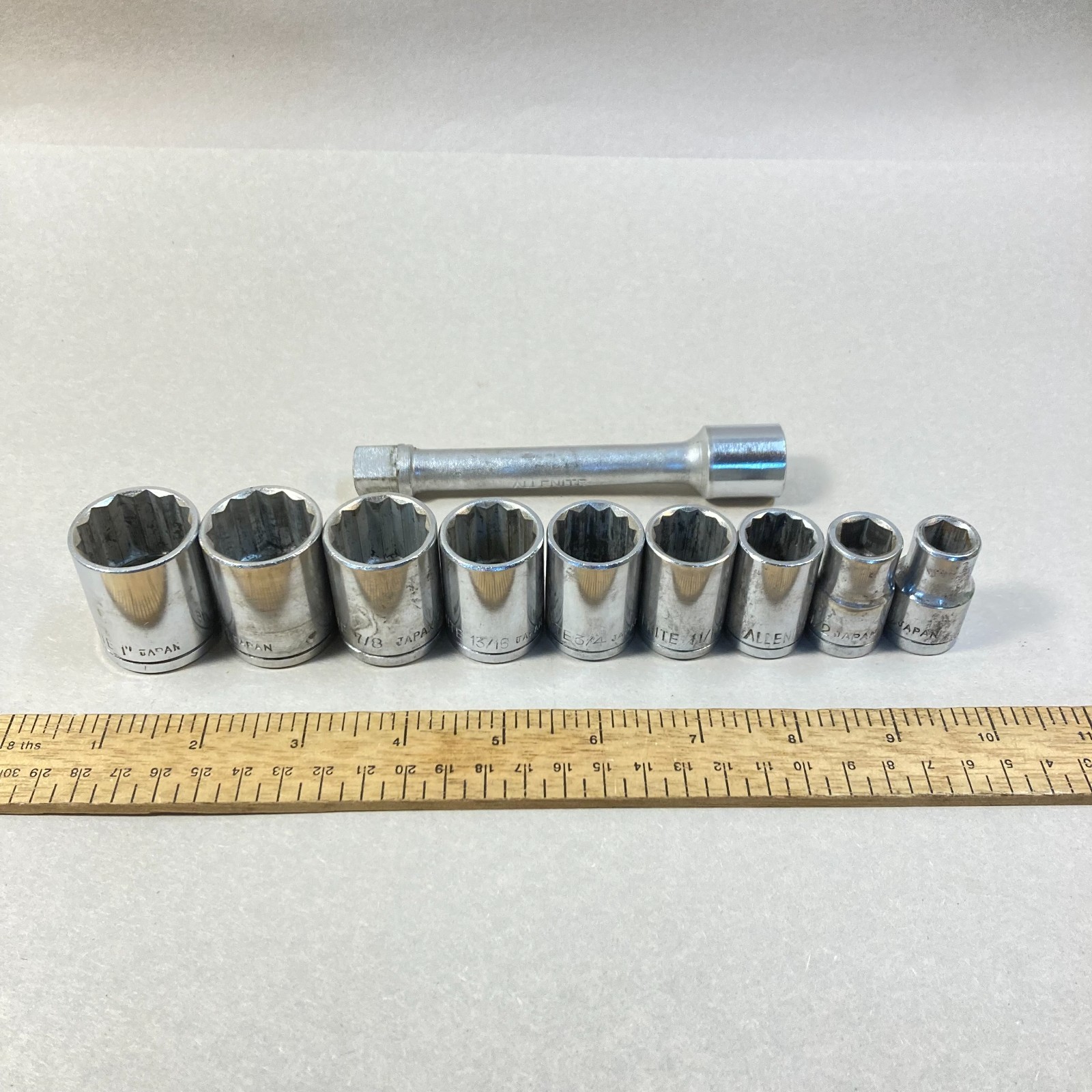 Vintage Allenite Socket Set 10 pc 12 Point 1/2″ Drive SAE 1″-7/16″ w/ Ext Japan