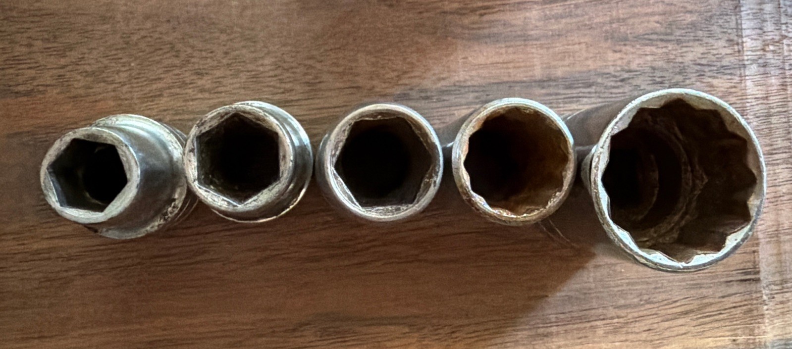 Lot of 5, S-K Sockets 6 point 7/16, 1/2, 9/16 & 12 Point 5/8, 15/16 USA Shallow