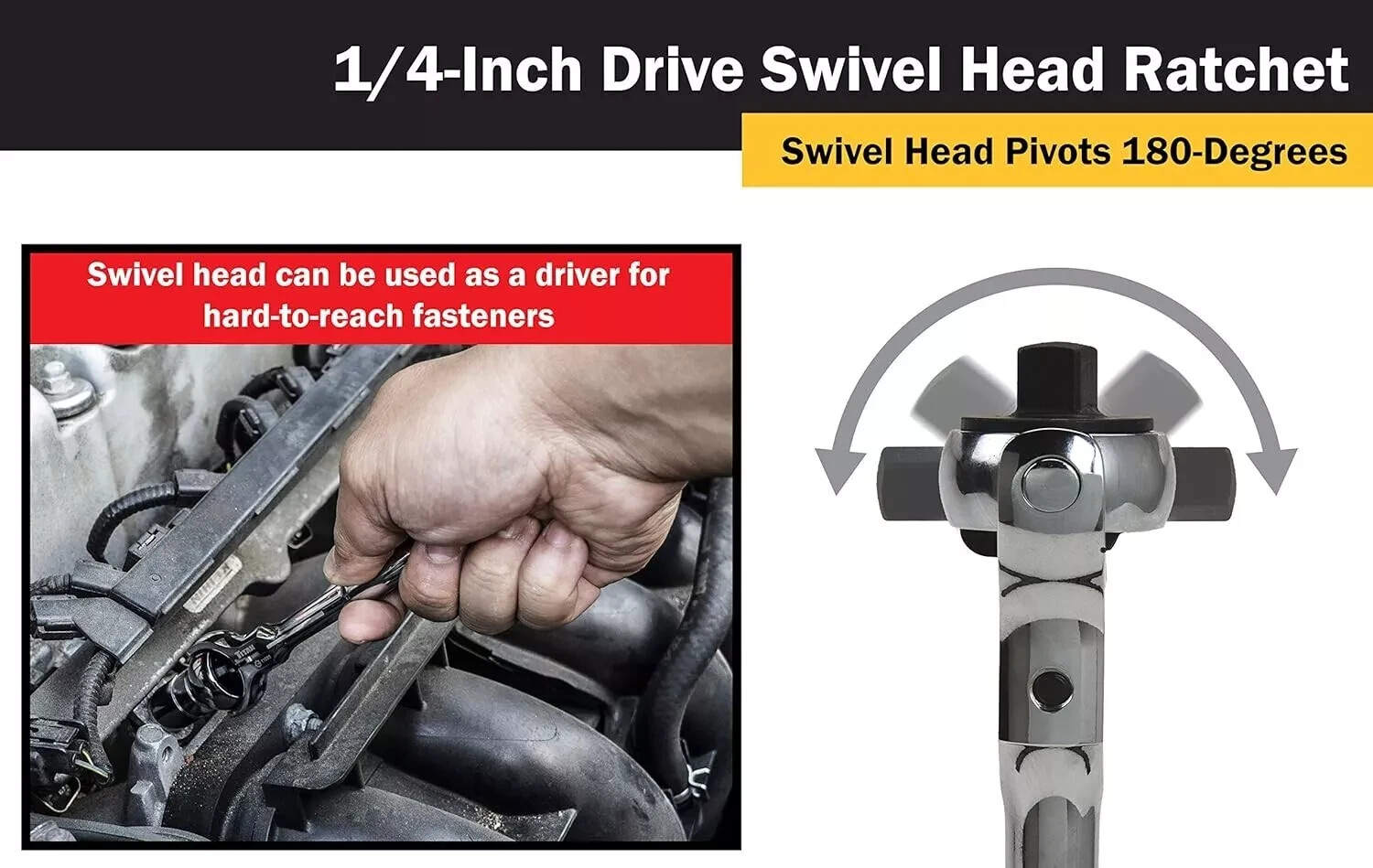 Titan Tools 11066 1/4″ Drive Round Swivel Head 72 Tooth Ratchet 5-5/8″ Long