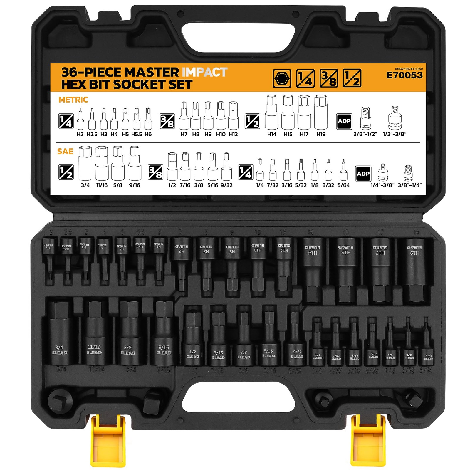 Hex Bit Impact Socket Set: 36-Piece with 4 Adapters, 1/4″, 3/8″, One Size