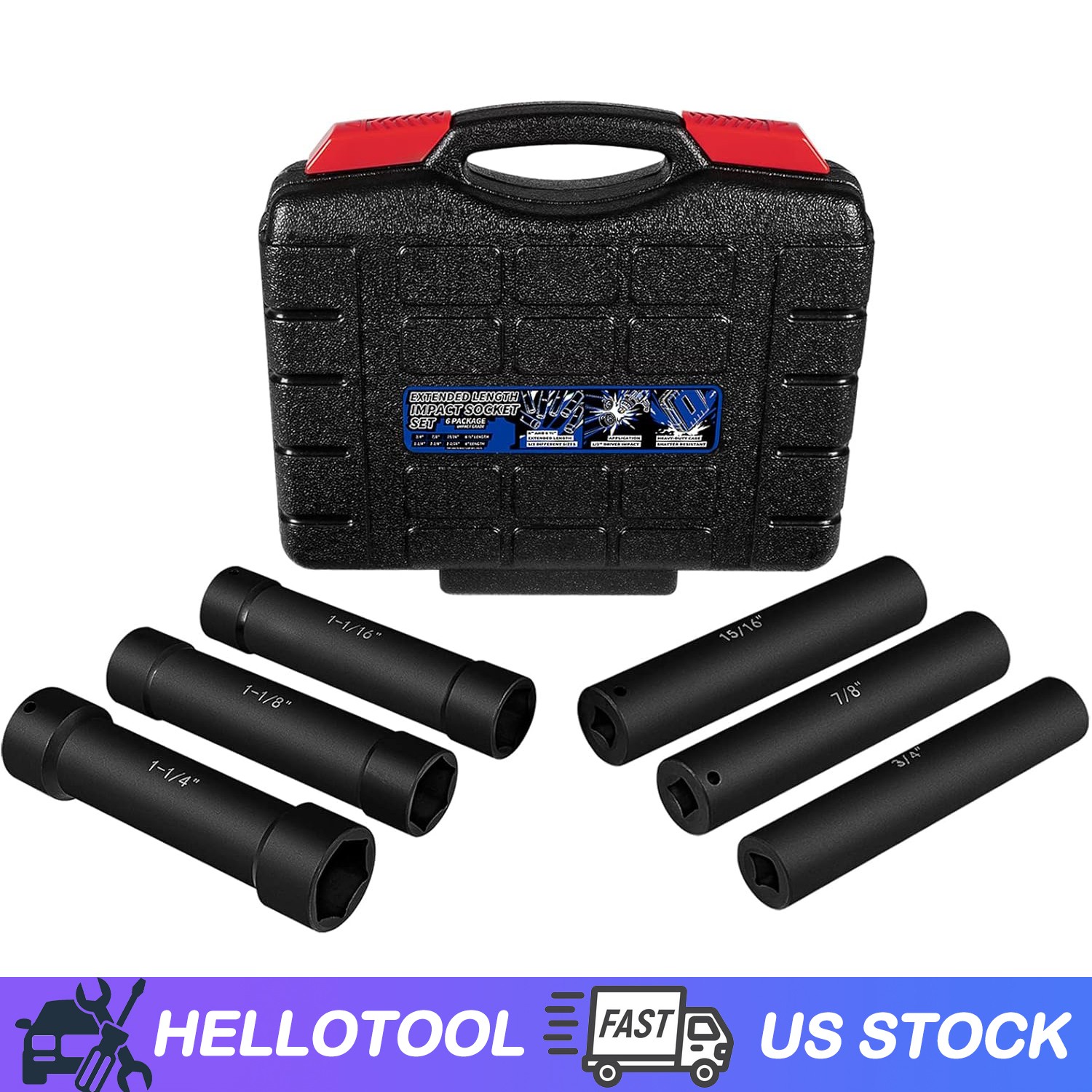 (6PCS) 1/2» Drive Heavy Duty Extended Length Impact Socket Set With Case