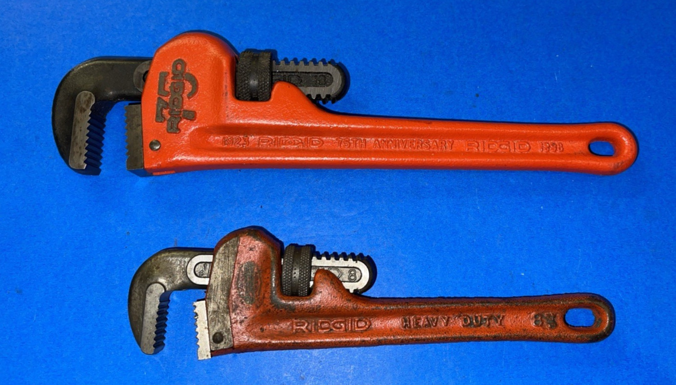 RIDGID TOOLS 2PC 10 INCH 75TH ANNIVERSARY & 8 INCH PIPE WRENCHES