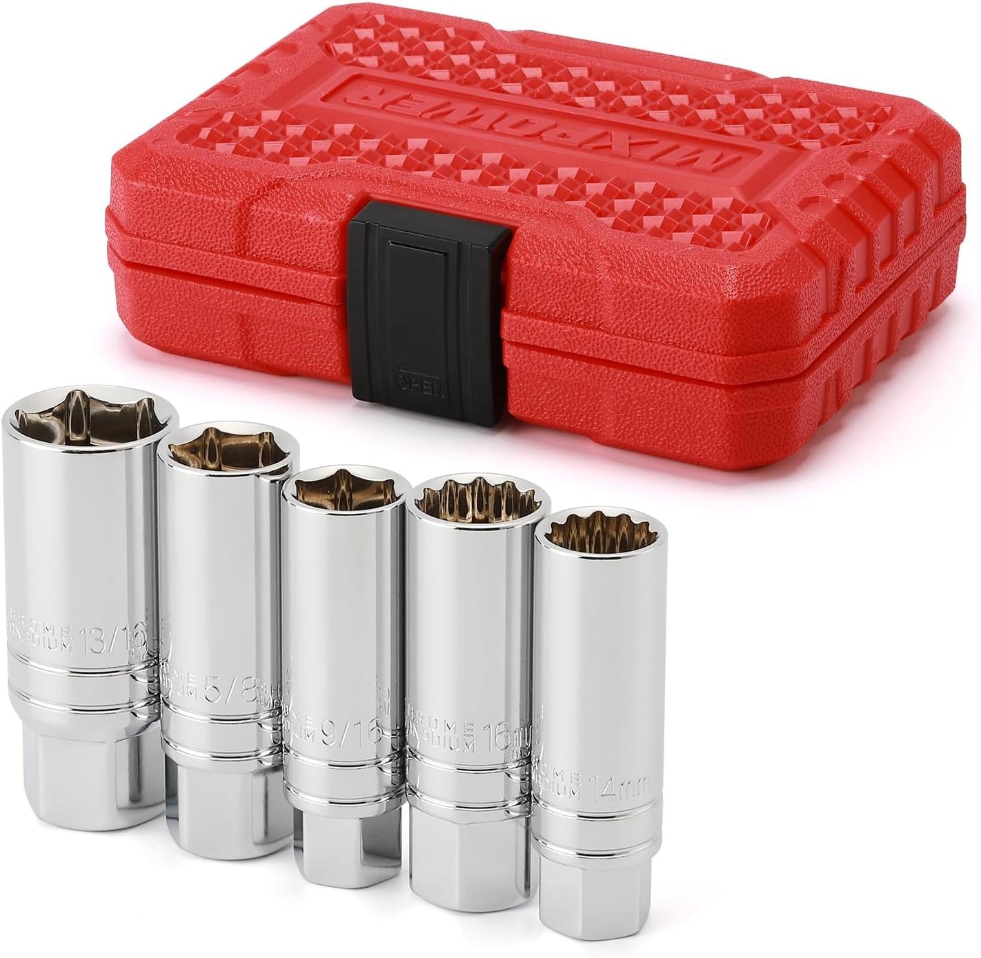 5PCS 3/8″Drive Magnetic Spark Plug Socket Set, CR-V, 14mm, 16mm, 5/8-inch, 3/…