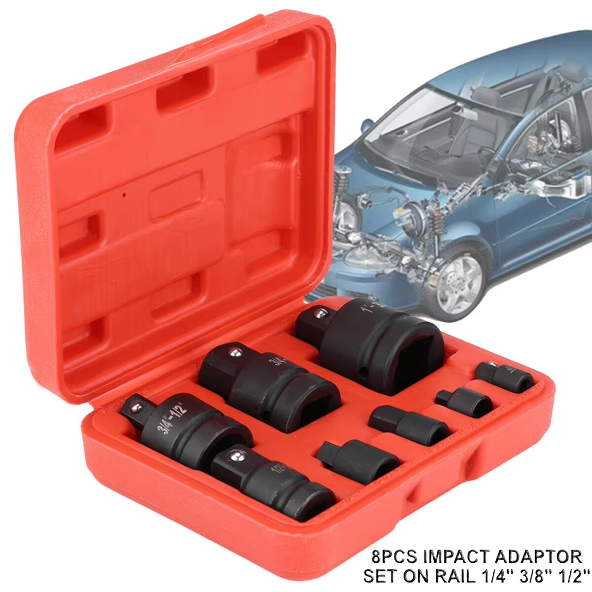 8Pcs Impact Socket Reducer Adapter Set Convertor Adaptors 1/4″ 3/8″ 1/2″ 3/4″ 1″
