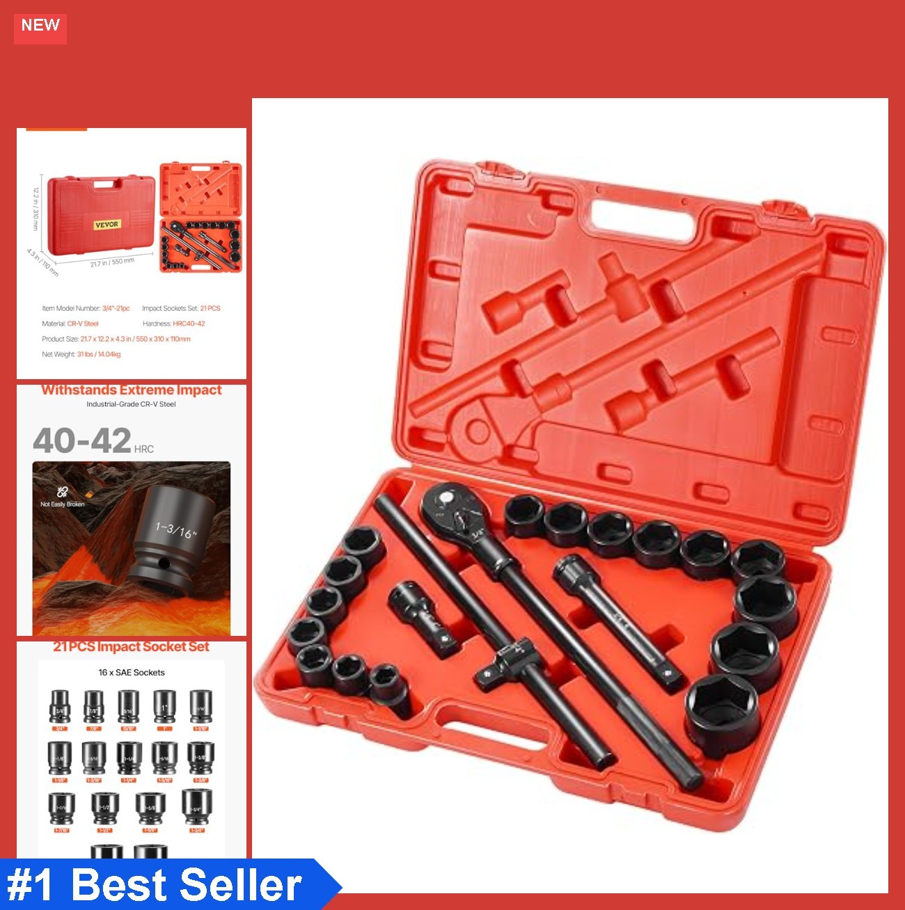 Impact Socket Set 3/4 Inch Drive 21 Piece SAE Deep Cr-V Alloy Steel Ratchet Case