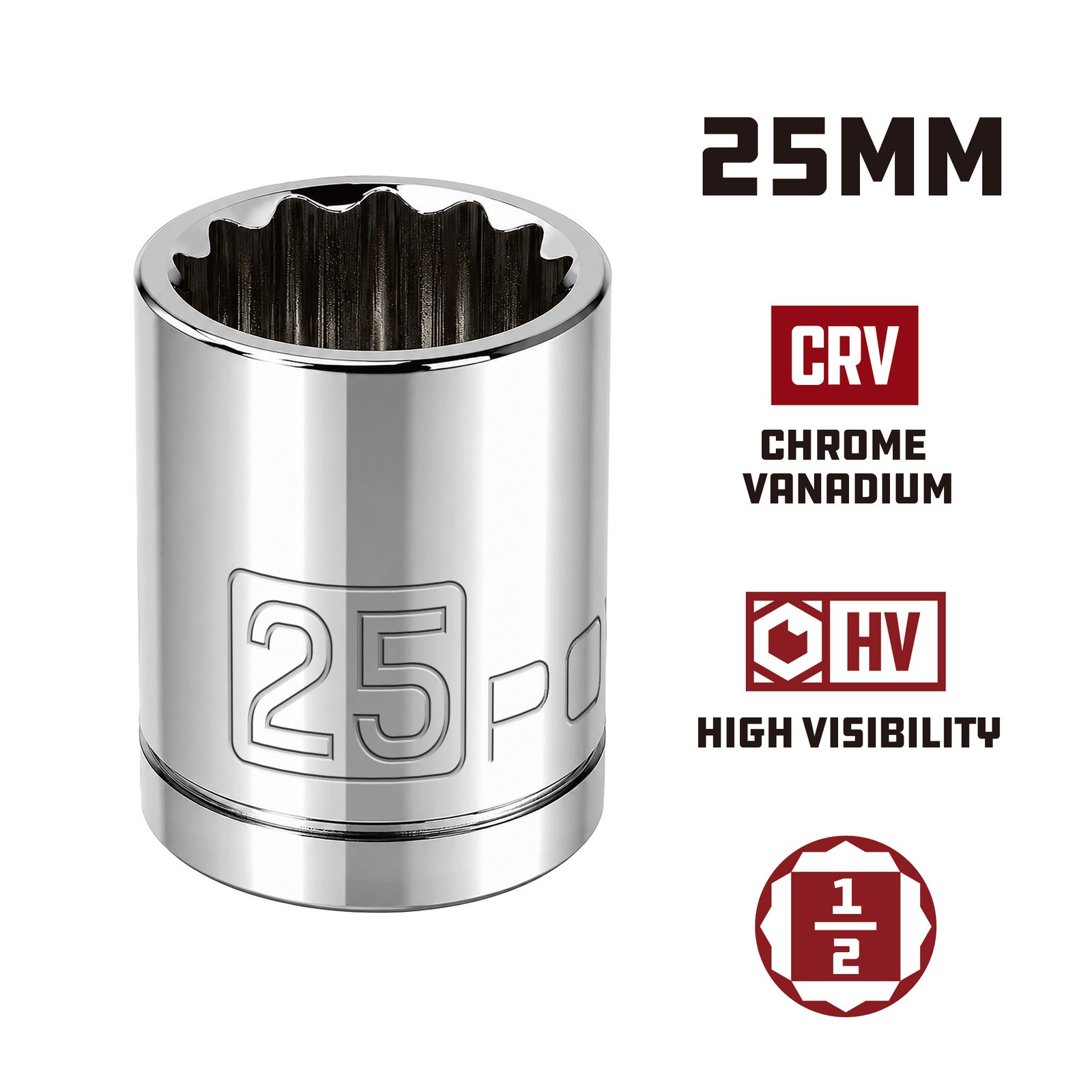 Powerbuilt 1/2 Inch Drive x 25 MM 12 Point Shallow Socket – 642033