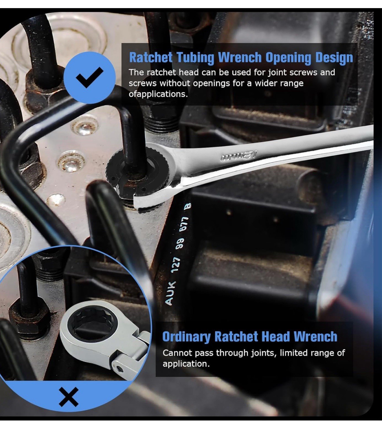 10PCS Metric Open-end Ratchet Wrench Set Flare Nut Tubing Comb Ratching Wrenches