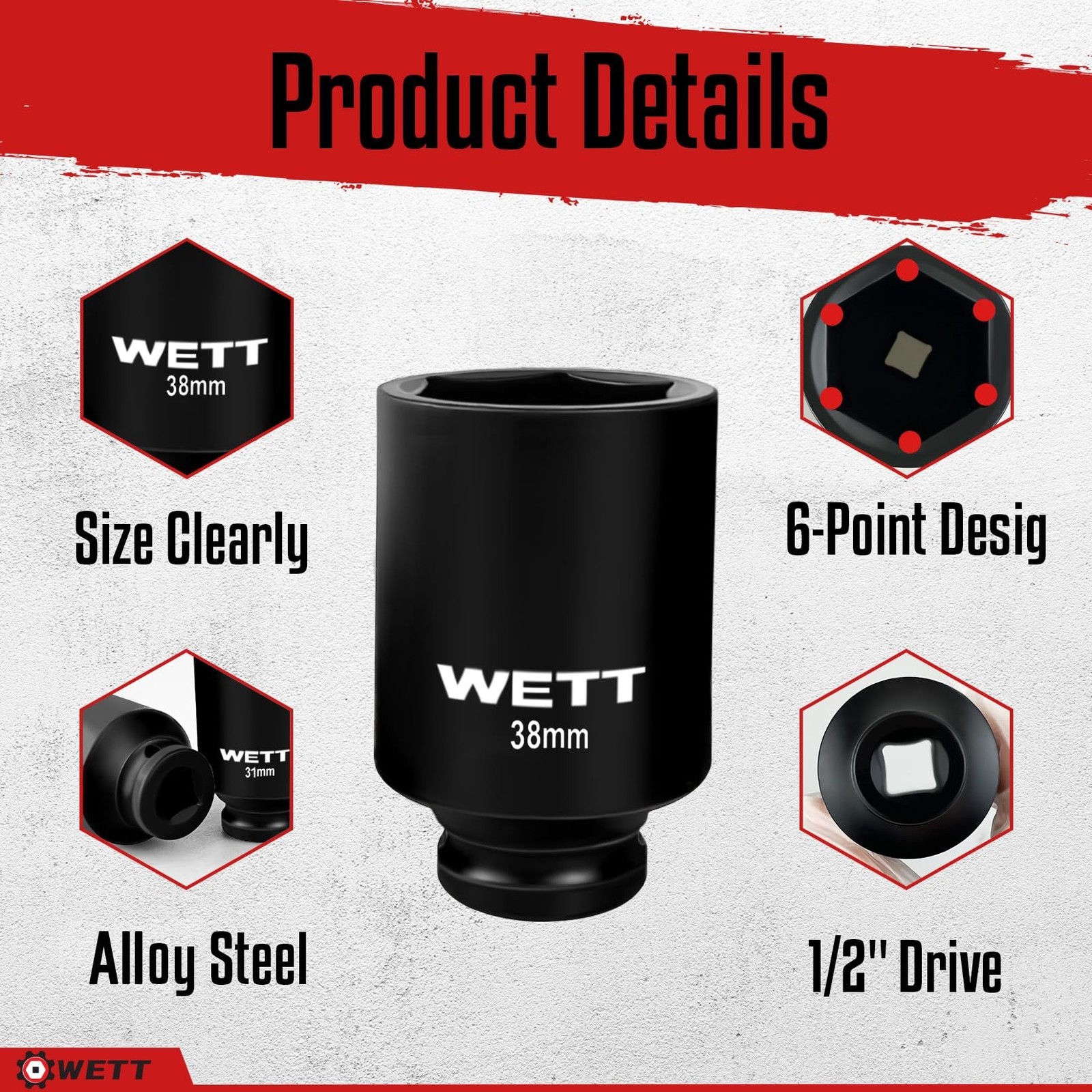 WETT 9Pcs 1/2″ Drive Deep 6-Point Impact Socket Set/Spindle Axle Nut Impact S…
