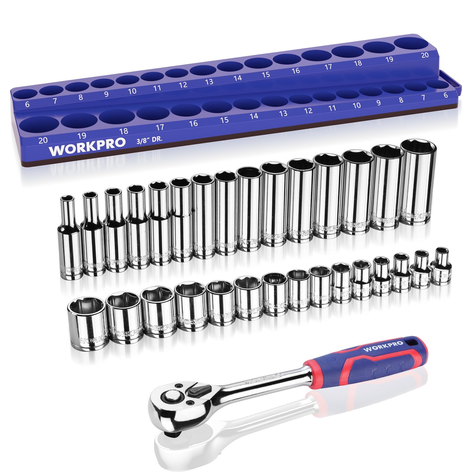 WORKPRO 32-Piece 3/8-inch Drive Metric, Blue, Silver, Red