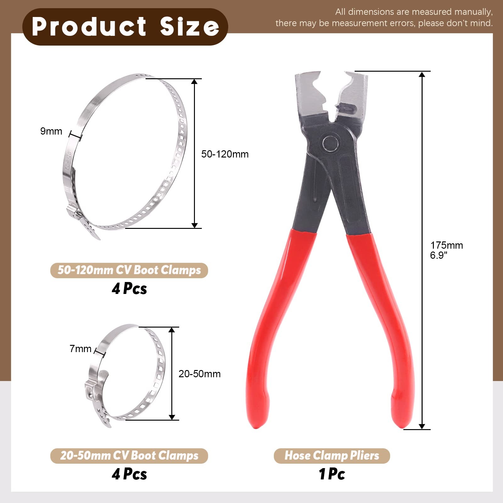 9Pcs Hose Clamp Pliers with CV Boot Kit, Small and Black, Red, Silver