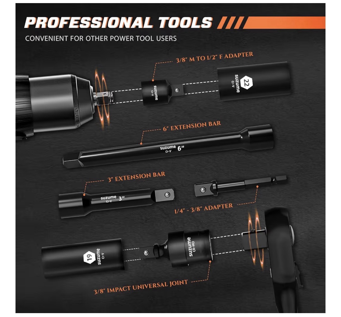 SUZUME 3/8 Impact Socket Set, Cr-V Steel, 6 Point, 3/8″ Drive, 50-Piece