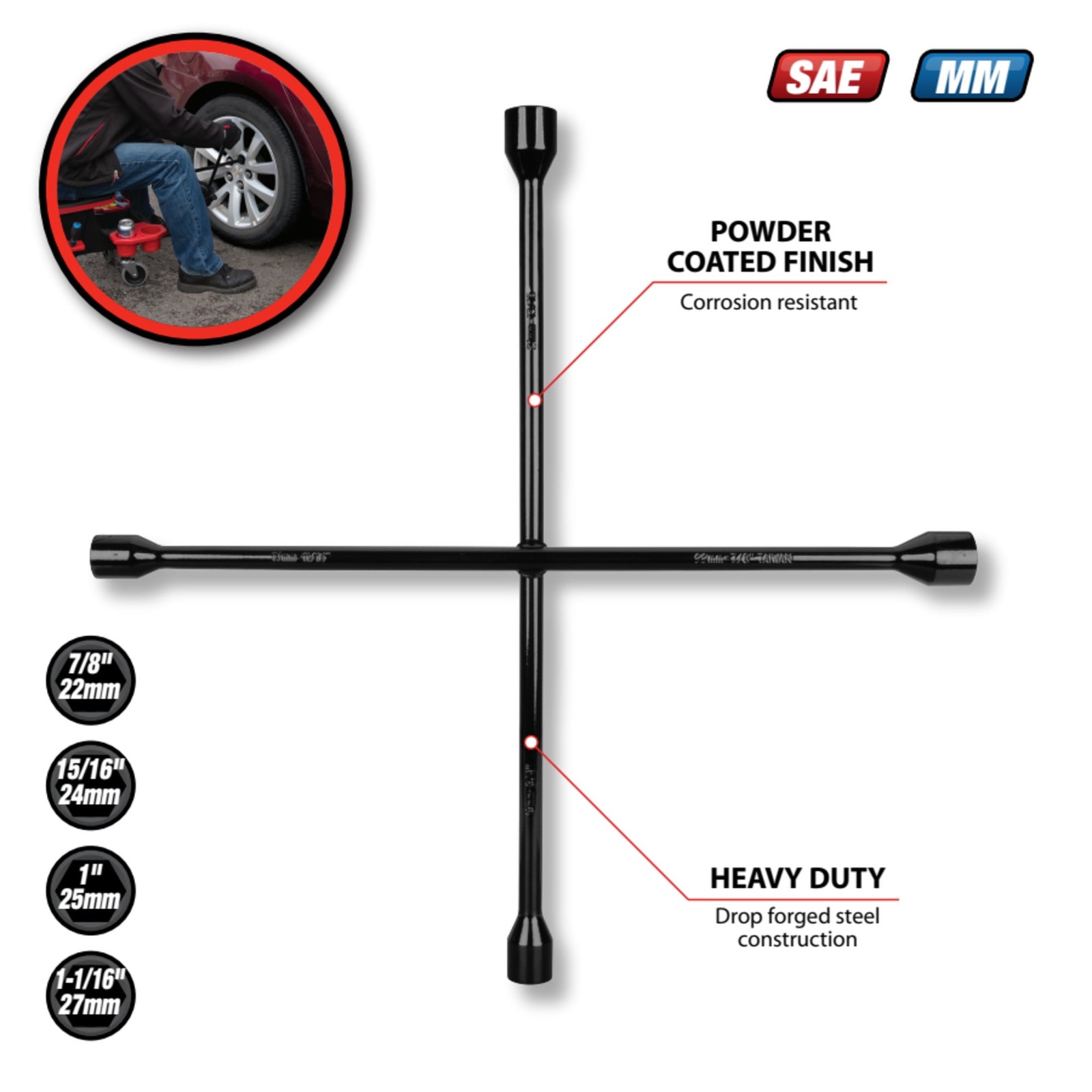 22 in 4-Way Lug Wrench Fits 7/8 15/16 1 1/16 in Steel Star Design Black