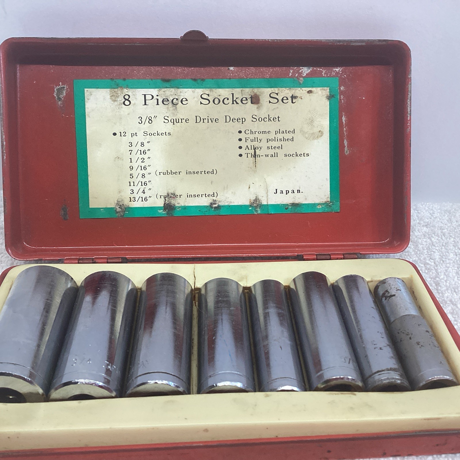 Vintage 8 Piece 3/8″ Square Drive Deep 12Point SAE Socket Set Made In Japan TIN