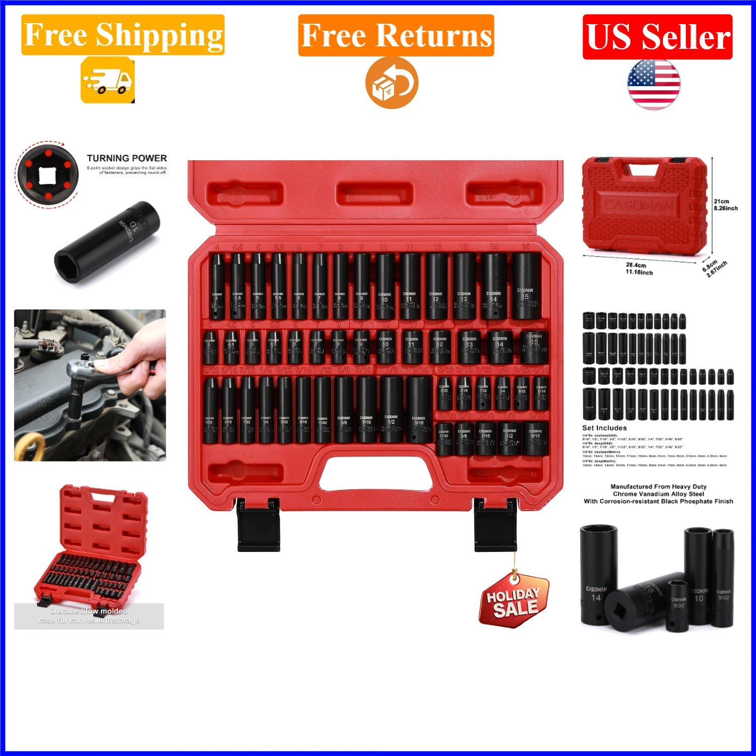 50-Piece 1/4 Inch Drive Impact Socket Set, SAE & Metric, Chrome Vanadium