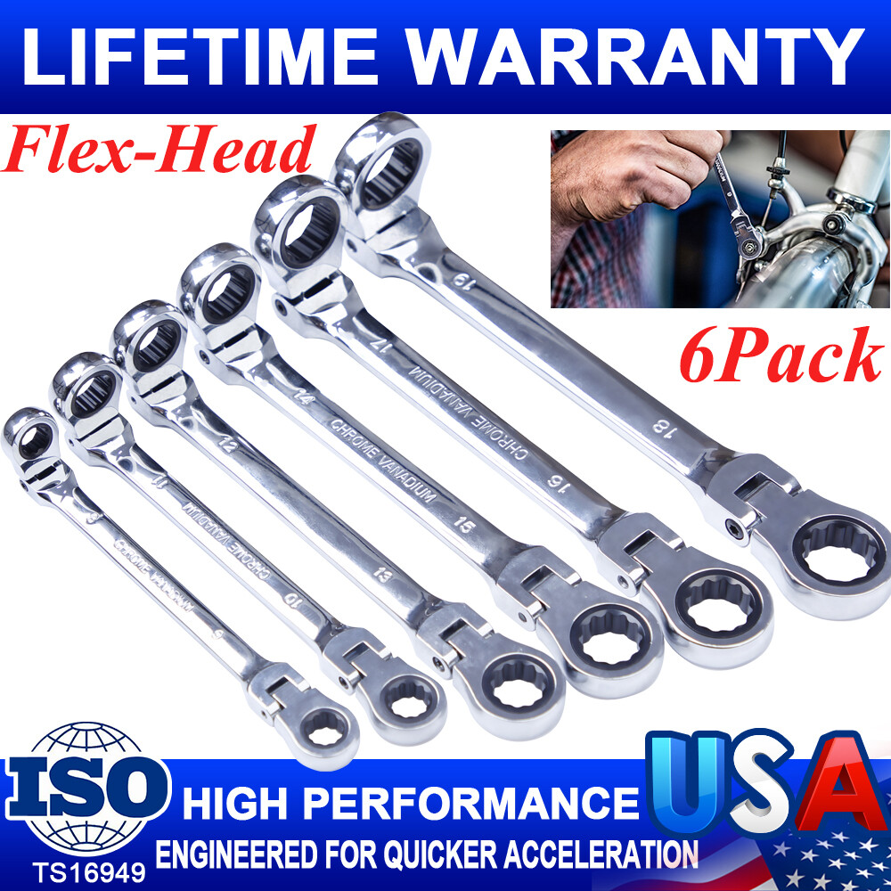 Extra Long Flex-Head Ratcheting Wrench Set, Double Box End Wrench Set, 6-Piece