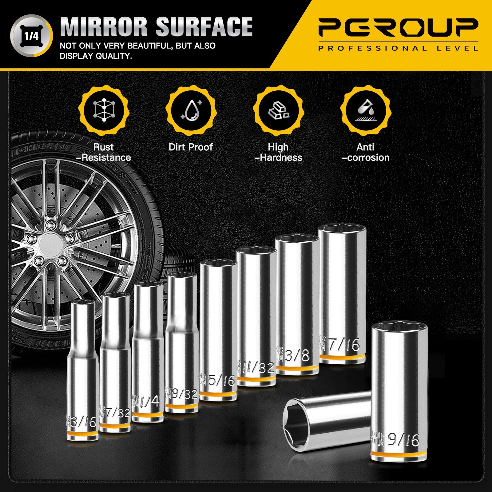 10PCS 1/4” Drive Deep Socket Set, SAE (3/16″-9/16″), 6-Point, Cr-V Steel
