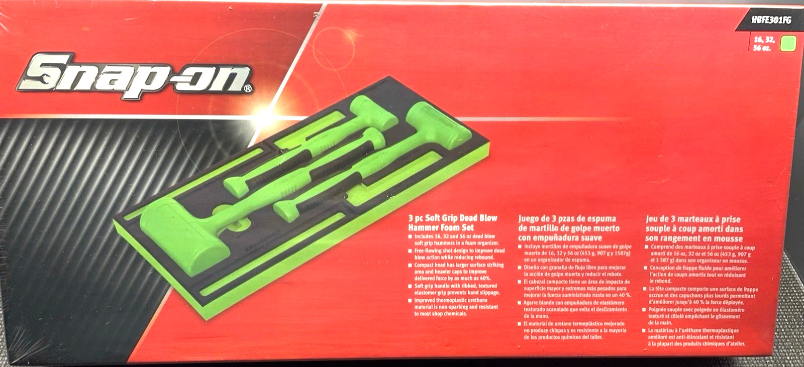 New Snap-on™ HBFE301FG 3-pc 16 32 56 oz Green Dead Blow Hammer Foam Set HBFE16