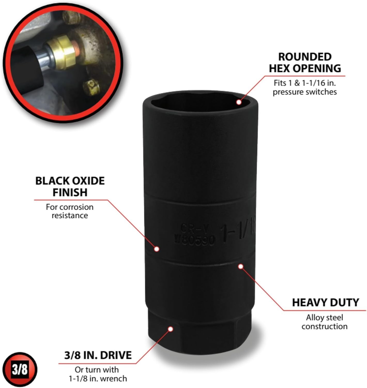 Versatile W80590 Oil Pressure Socket Accepting Switches Up to 2-5/8 Inches