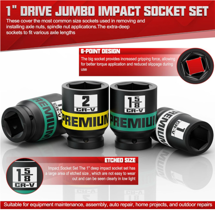 Juego vasos impacto 1″ SAE 1-2″ 9 piezas 6 puntas CR-V con estuche resistente. N