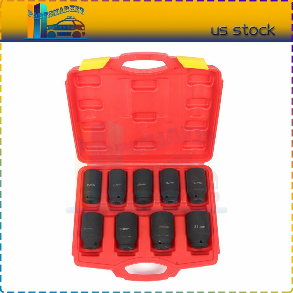 9pcs 1/2- Inch Drive Deep Impact Socket Set Metric Axle Hub Nut Socket 29-38mm