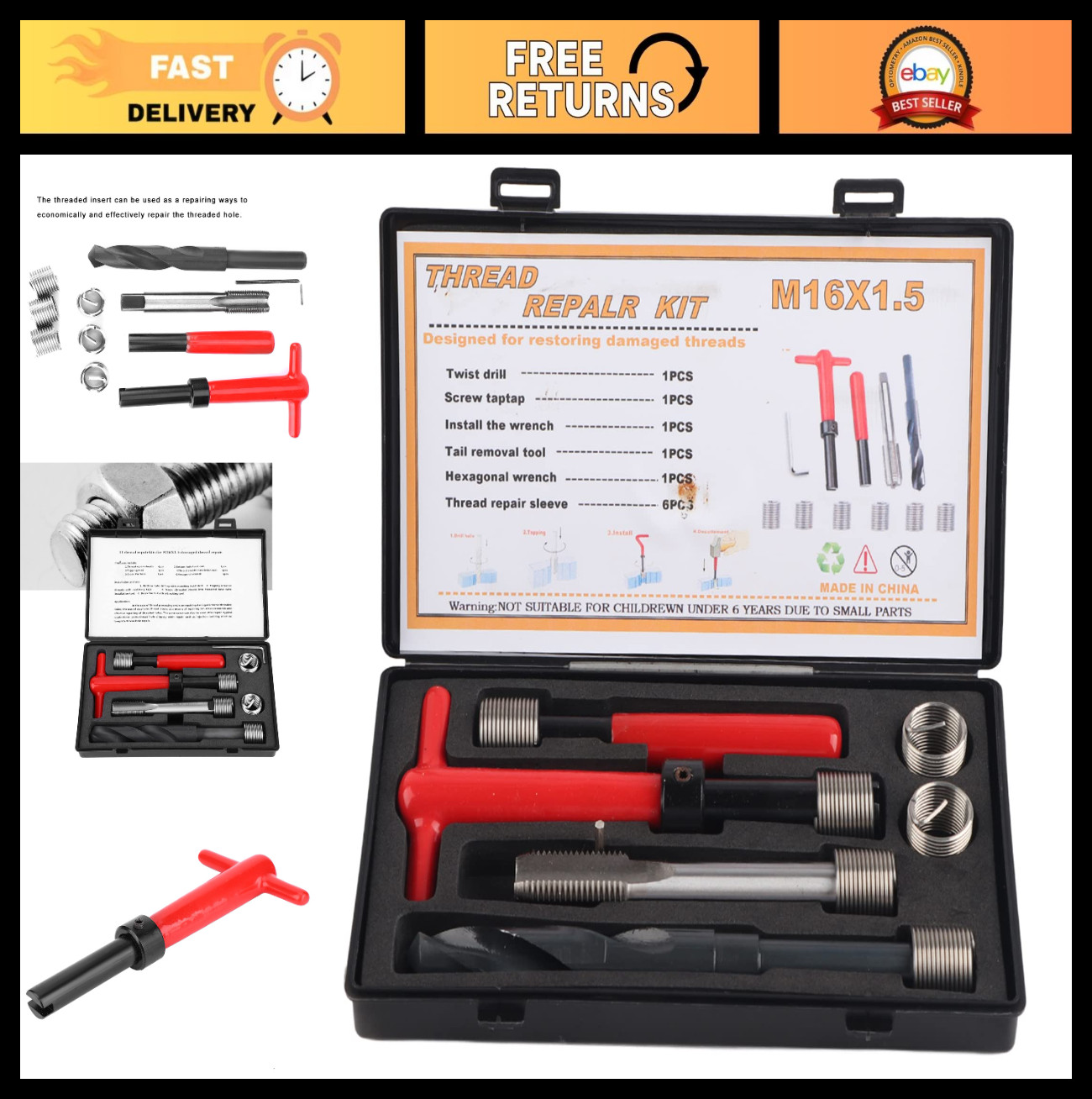M16x1.5mm Thread Repair Kit – 11 Pieces, Stainless Steel, Hex Wrench, Tap & Inse