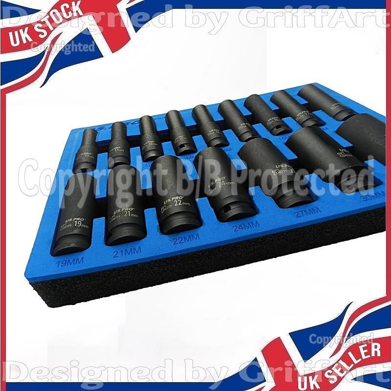 16PC 1/2″ DRIVE 6 POINT EUROPEAN METRIC DEEP IMPACT SOCKET SET LONG REACH HEX