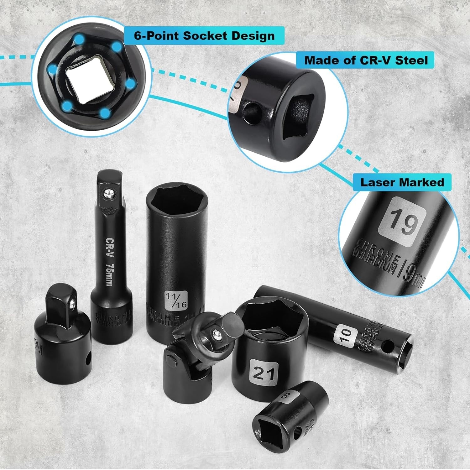 Impact Socket Set, 3/8 inch 50 Piece SAE and Metric Set, Standard SAE 5/16 to…