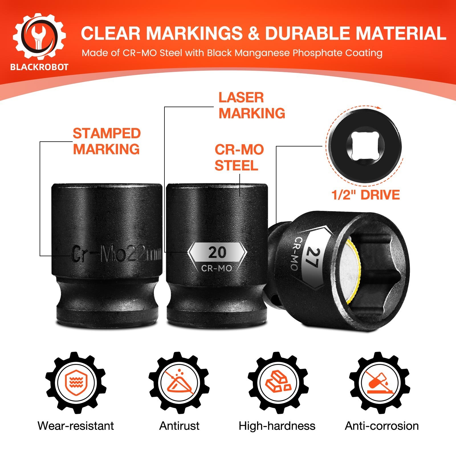 1/2″ Drive Magnetic Impact Socket Set, 15-Pcs Metric size (10-22, 24, 27mm)