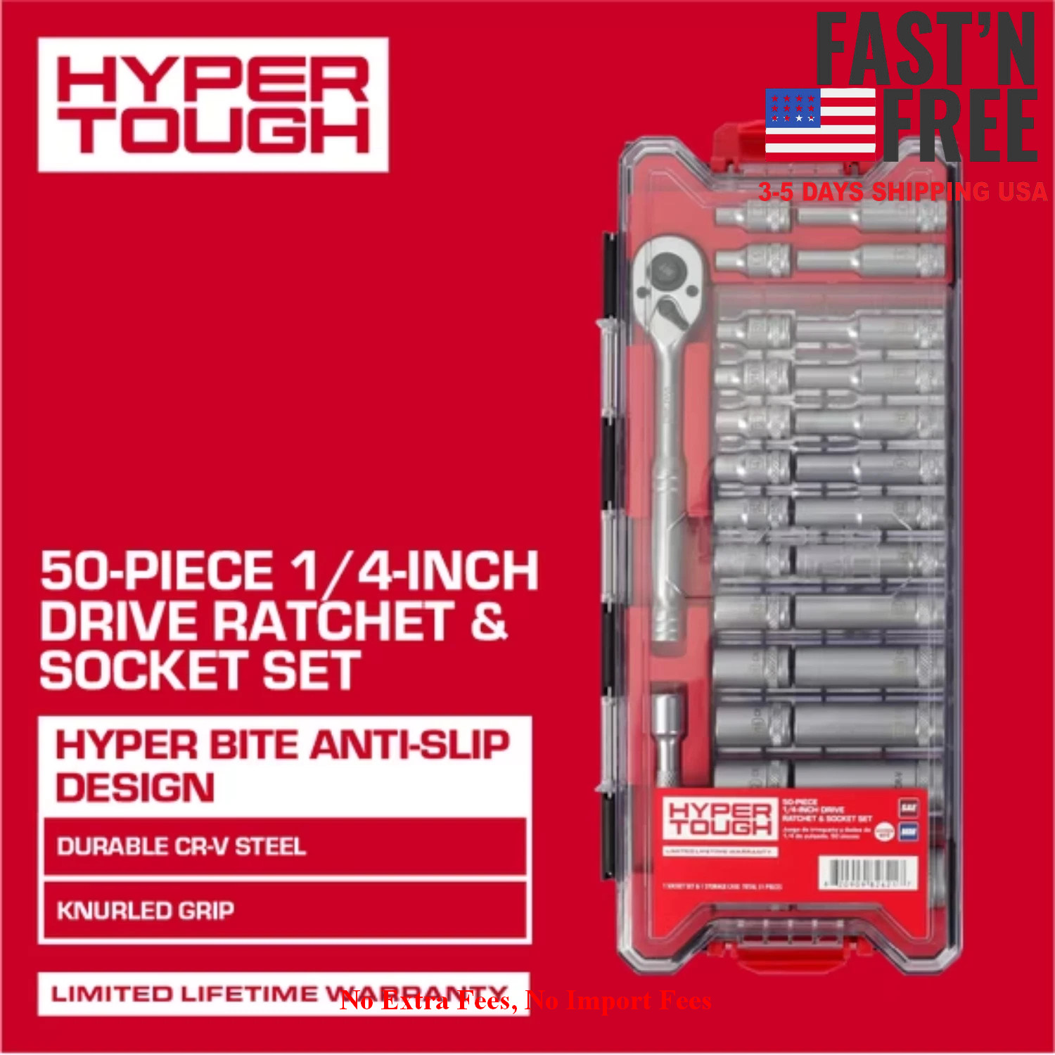 Hyper Tough 1/4-Inch Drive Ratchet and Socket Set SAE and Metric 50 Pieces