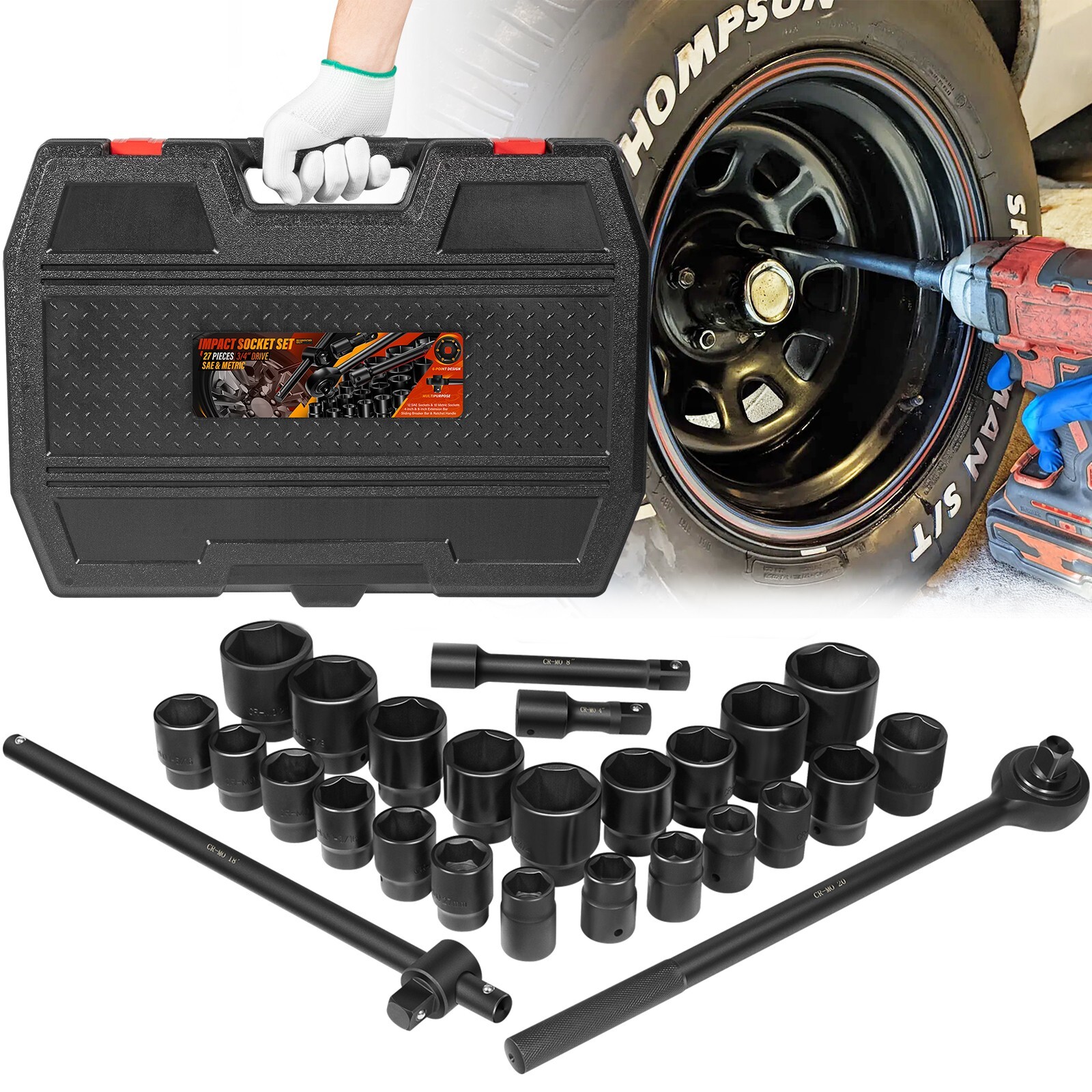 27Pcs 3/4-Inch Drive SAE & Metric Impact Socket Set for Trailers Trucks Tractors