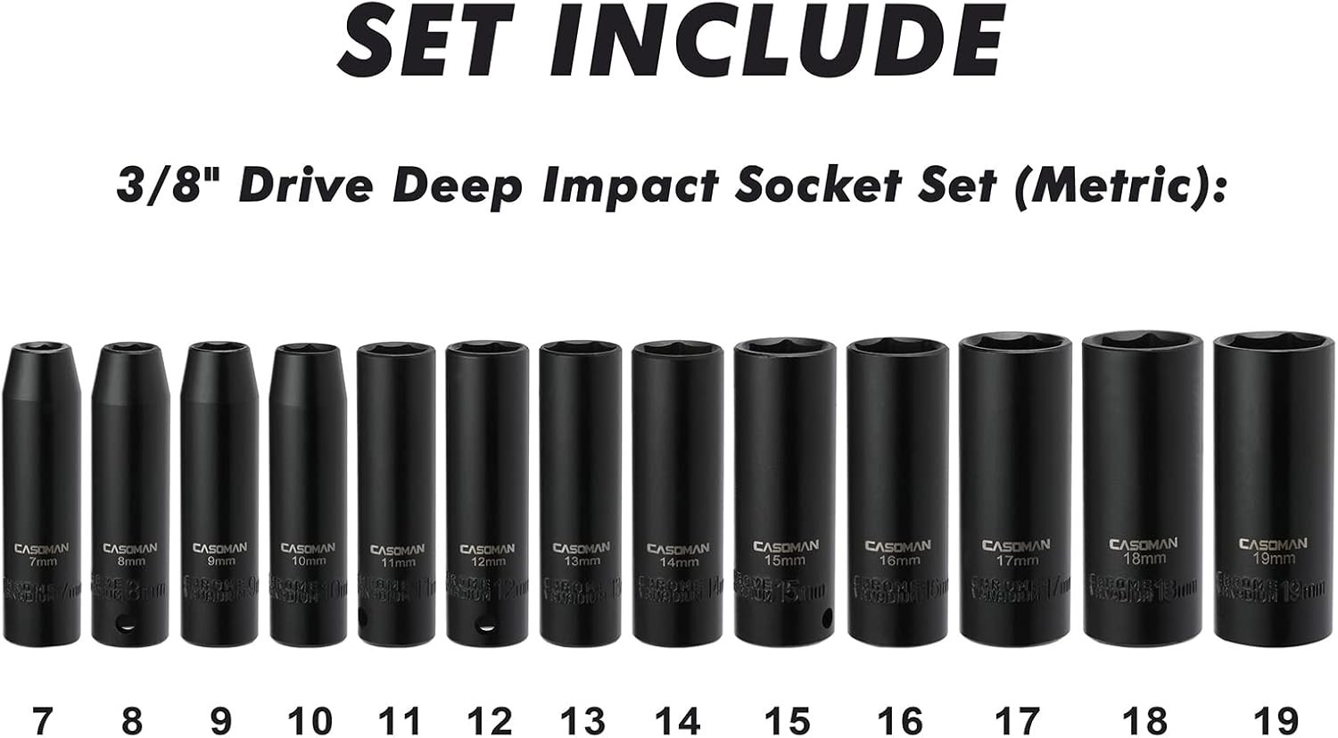 3/8-Inch Drive 13-Piece Deep Impact Socket Set – 6-Point with Laser Etched Sizes