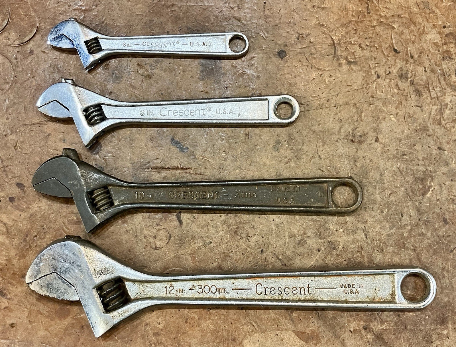 Vintage Crescent Tool • 4 Piece Adjustable Wrench Set • 6″, 8”, 10”, 12” • USA