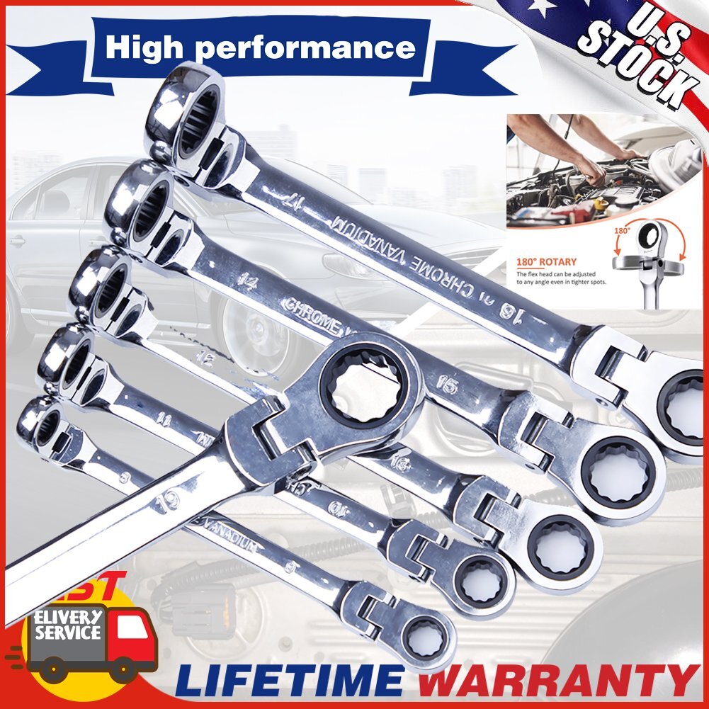 6X Double Box End Ratcheting Wrench Flex-Head Extra Long Heavy Duty Spanner Kits