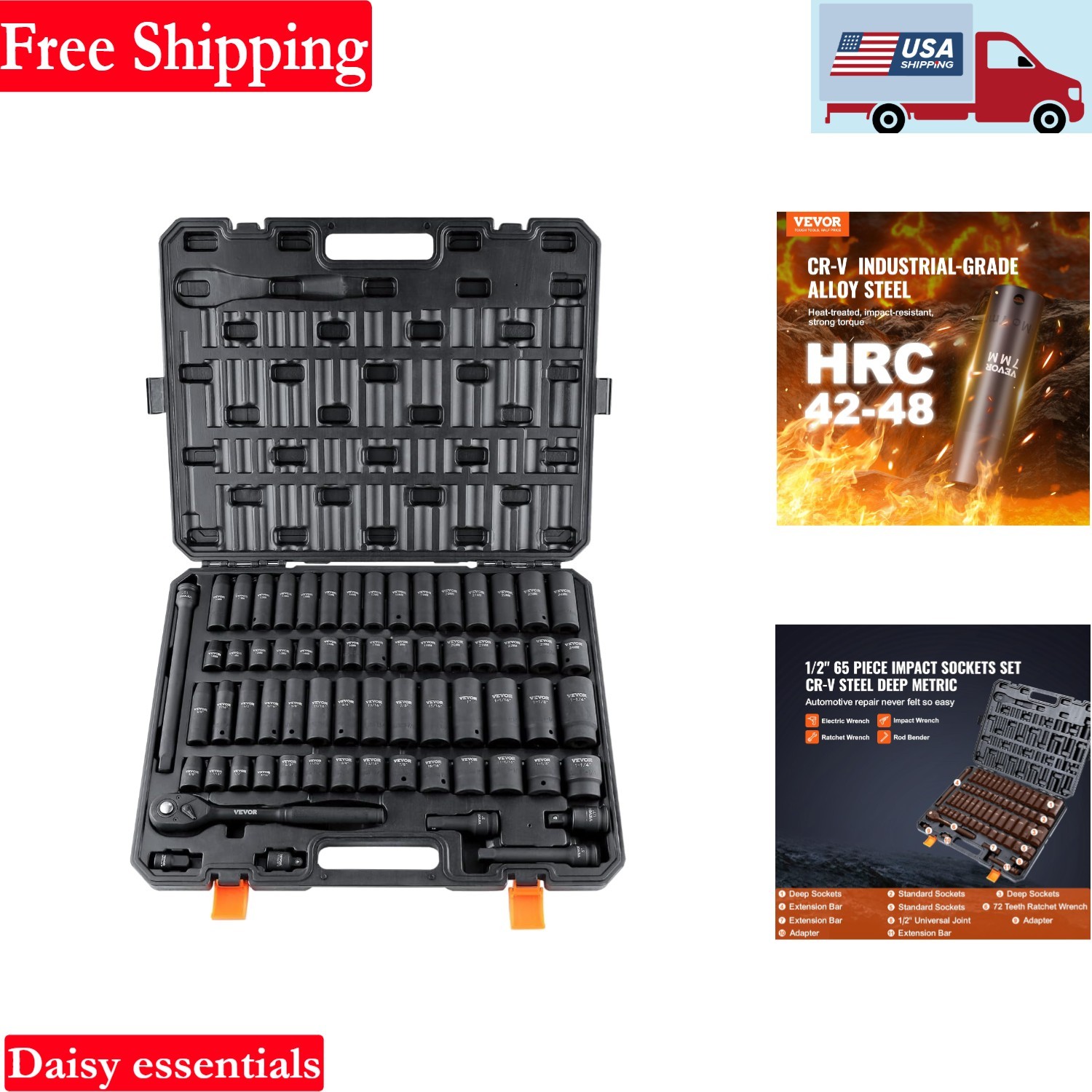 65-Piece Impact Socket Set 1/2in Cr-V Alloy Steel SAE & Metric with Storage Case