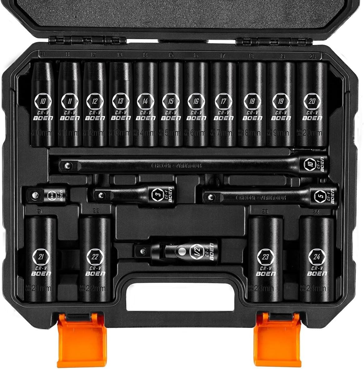 20-Piece Metric Deep Impact Socket Set, Cr-V Steel 10-24mm