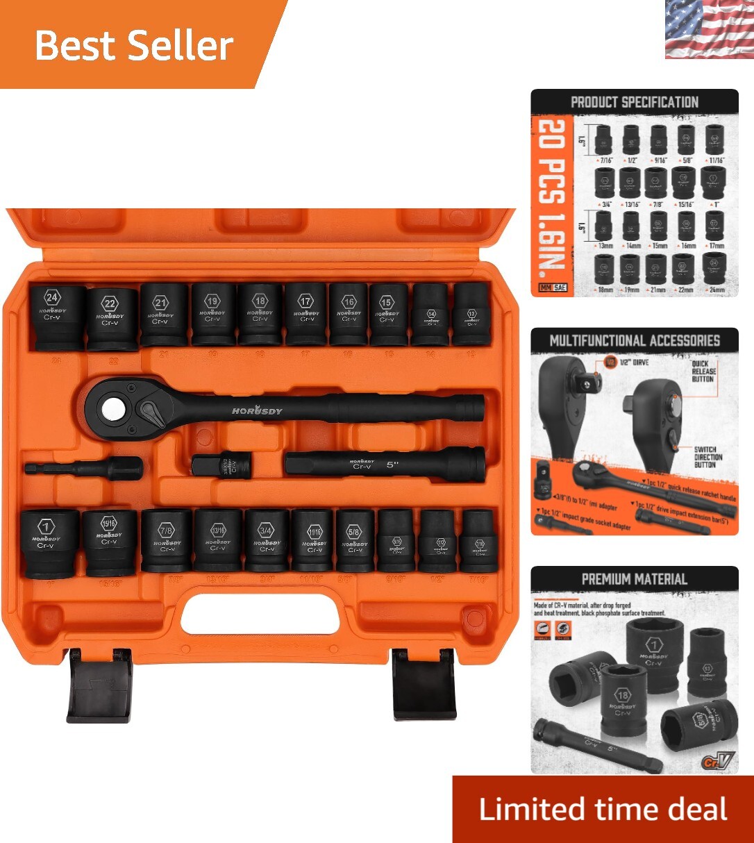 Durable 24-Piece Impact Socket Set with Laser Markings for Quick Size Selection