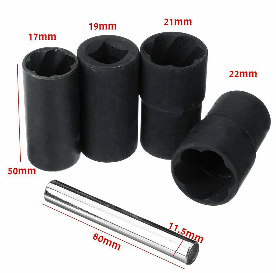 5Pc 1/2” Twist Socket Drive Wheel Lug Nut Damaged,Stripped Remover 17 19 21 22mm
