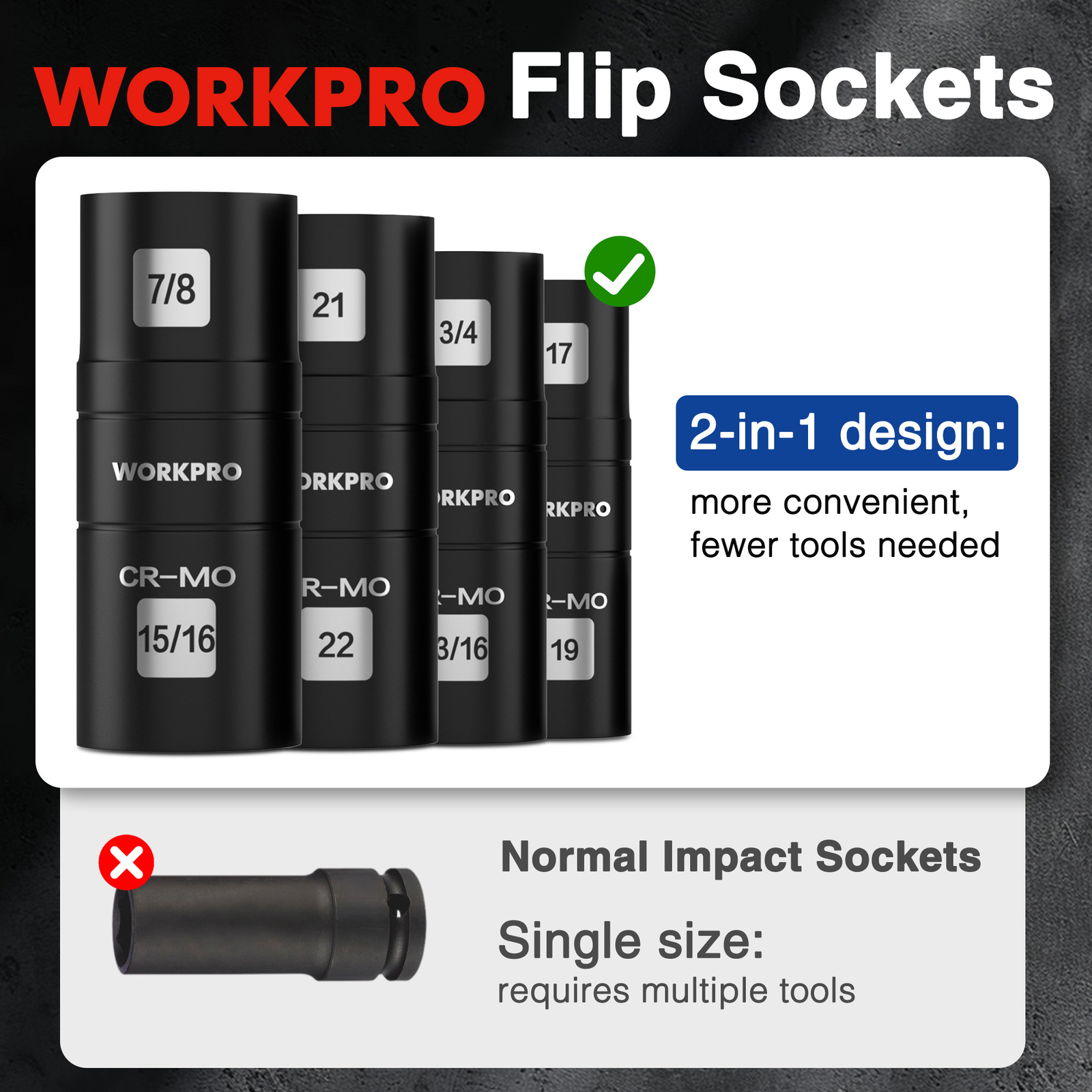 WORKPRO 5PCS Impact Socket Set 1/2″ Drive, Lug Nut Socket Set Cr-Mo Steel