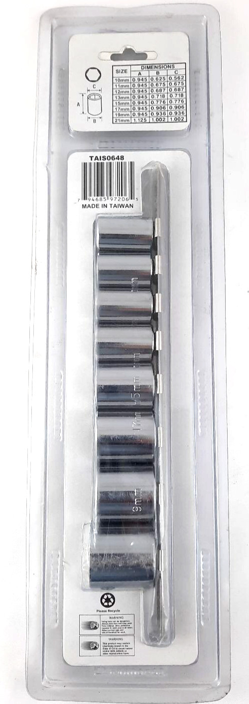 9 Piece Metric 3/8″ DR. Shallow Chrome Socket Set with Metal Storage Rail Holder