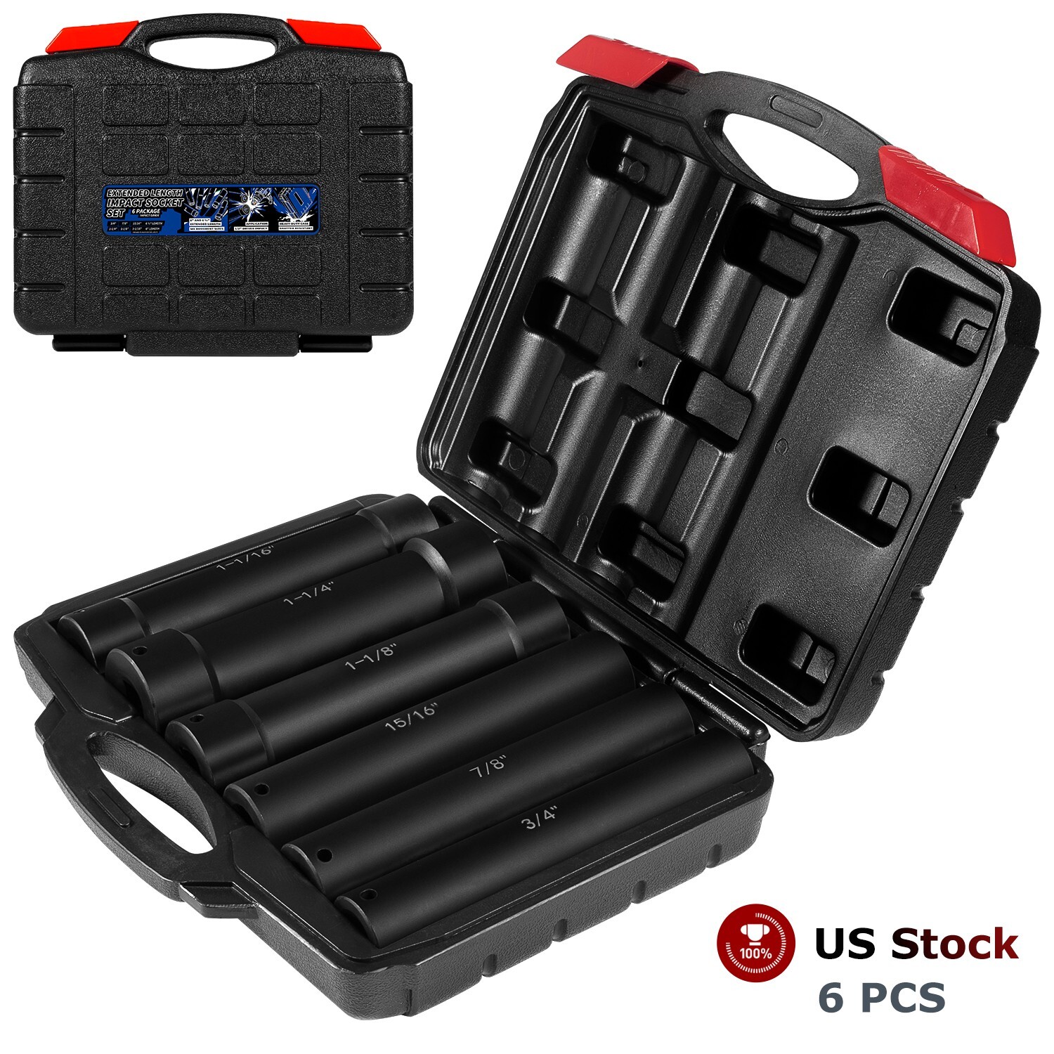 1/2 Inch Drive Heavy Duty Extended Length Extra-Deep Length Impact Socket , 6 PC