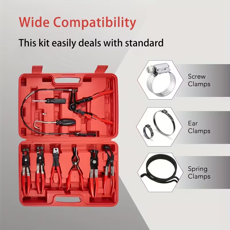Automotive Flexible Hose Clamp Clip Pliers Kit Swivel Jaw Flat Angled Band Tool